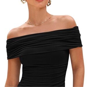 NWT PrettyGarden Off The Shoulder Black Mesh Blouse Top -  Stretch + Ruched (XL)